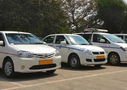 White sedan cabs parked in a row