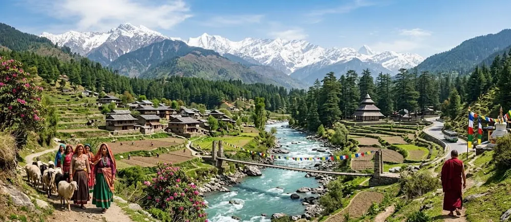 River valley below snow-capped peaks in Himachal Pradesh