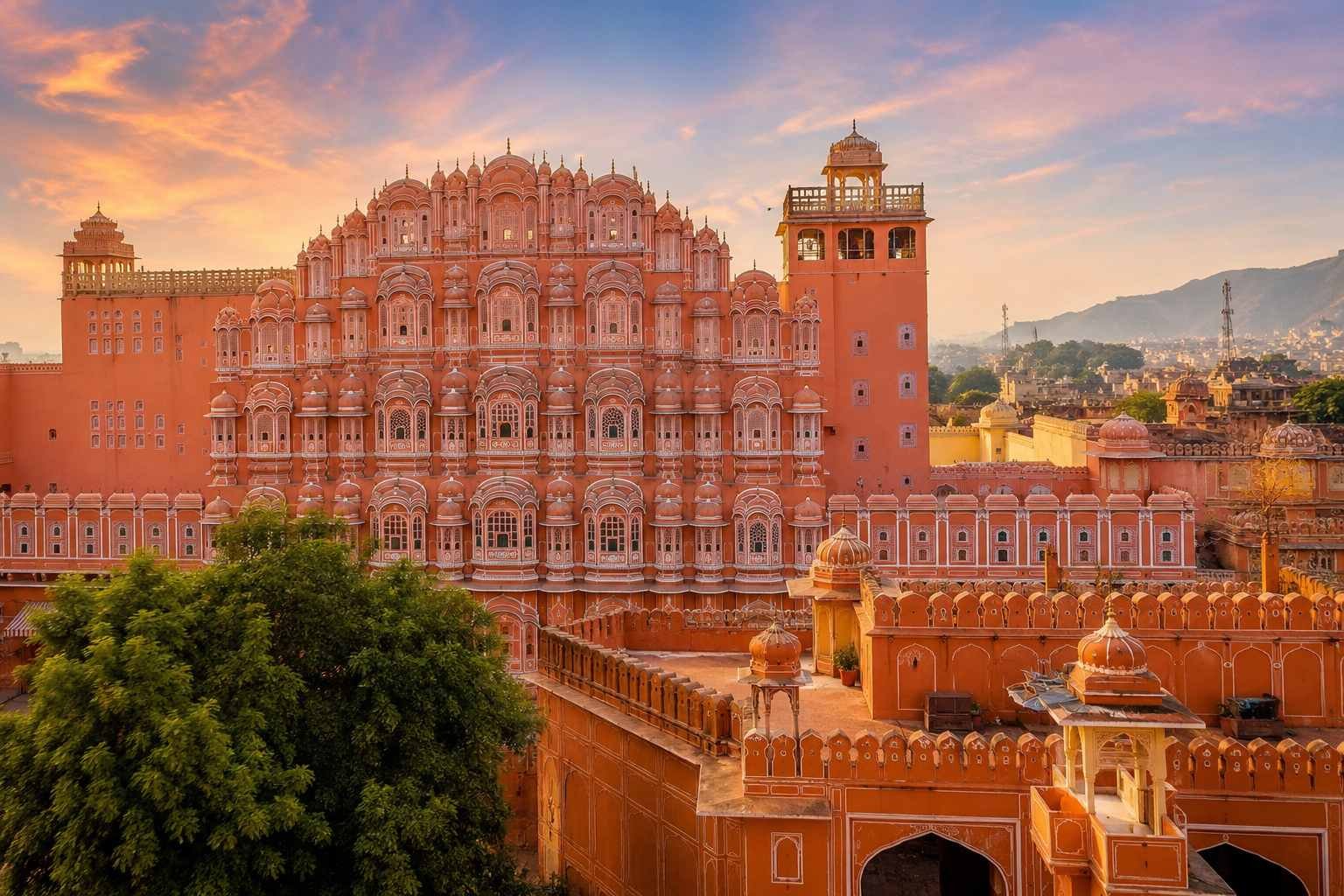 Jaipur Pink City with Hawa Mahal and historic architecture at sunset
