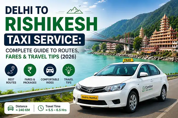 Delhi to Rishikesh Taxi Service guide featuring a white taxi on a scenic highway with the Ganga River, Laxman Jhula, and Rishikesh temples in the background, highlighting routes, fares, travel tips, 240 km distance, and 5.5 to 6.5 hours travel time