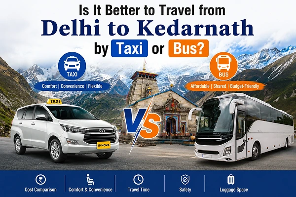 Delhi to Kedarnath taxi vs bus comparison with Kedarnath Temple, Himalayas, taxi and bus illustrating the best travel option from Delhi to Kedarnath.
