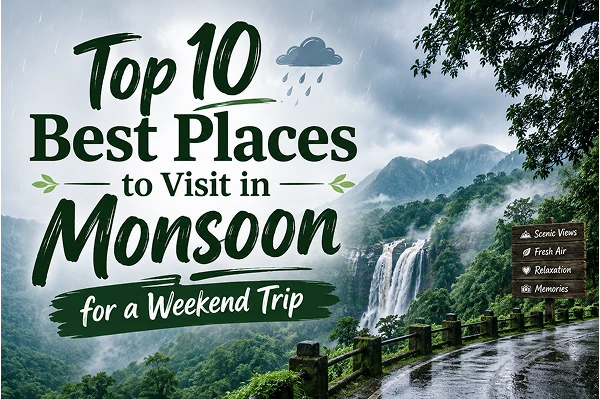 Top 10 best places to visit in monsoon for a weekend trip featuring a scenic mountain road, lush green hills, misty valleys, and a waterfall in a rainy landscape