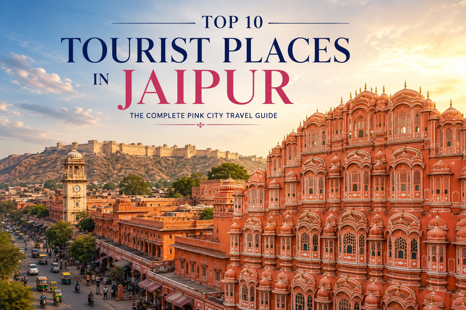 Top 10 tourist places in Jaipur featuring Hawa Mahal and Pink City skyline