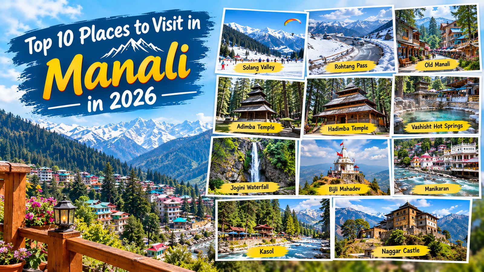 Top 10 Places to Visit in Manali in 2026 featuring Solang Valley, Rohtang Pass, Old Manali, Hadimba Temple, Vashisht Hot Springs, Jogini Waterfall, Bijli Mahadev, Manikaran, Kasol, and Naggar Castle.